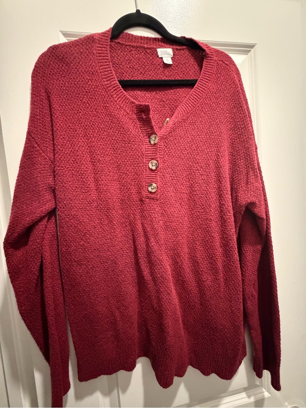 stars above Raspberry Red Henley Sweater